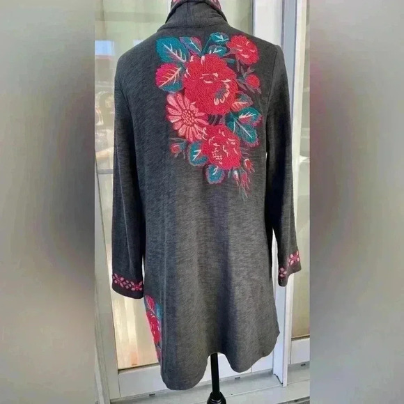 J. Jill Sweaters - J Jill Med open style embroidered duster sweater jacket dark, gray, beautiful